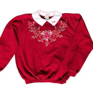 Vintage Embroidered Red Sweater with White Collar